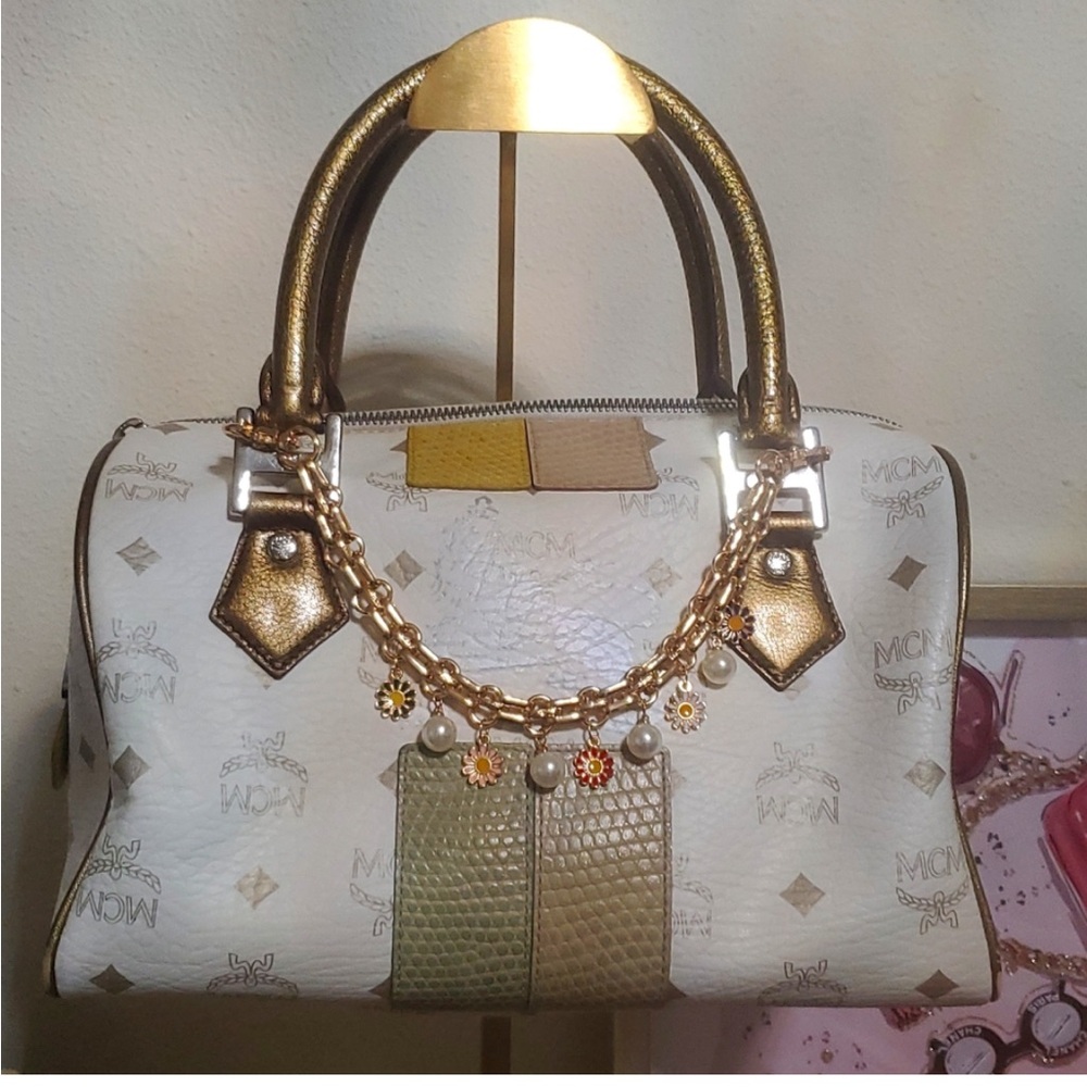 MCM White/Gold Visetos Coated Canvas Lizard Embossed Princess Lion Boston BagEUC